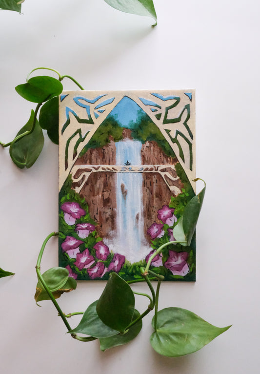 Artistic depiction of a waterfall surrounded by purple flowers and decorative elements with meditating character on bridge in nature focused oil painting