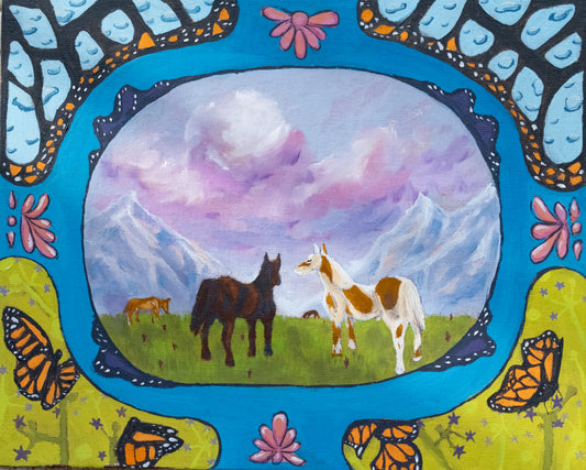 Painting of horses in a mountainous landscape with a colorful border featuring butterflies and flowers.