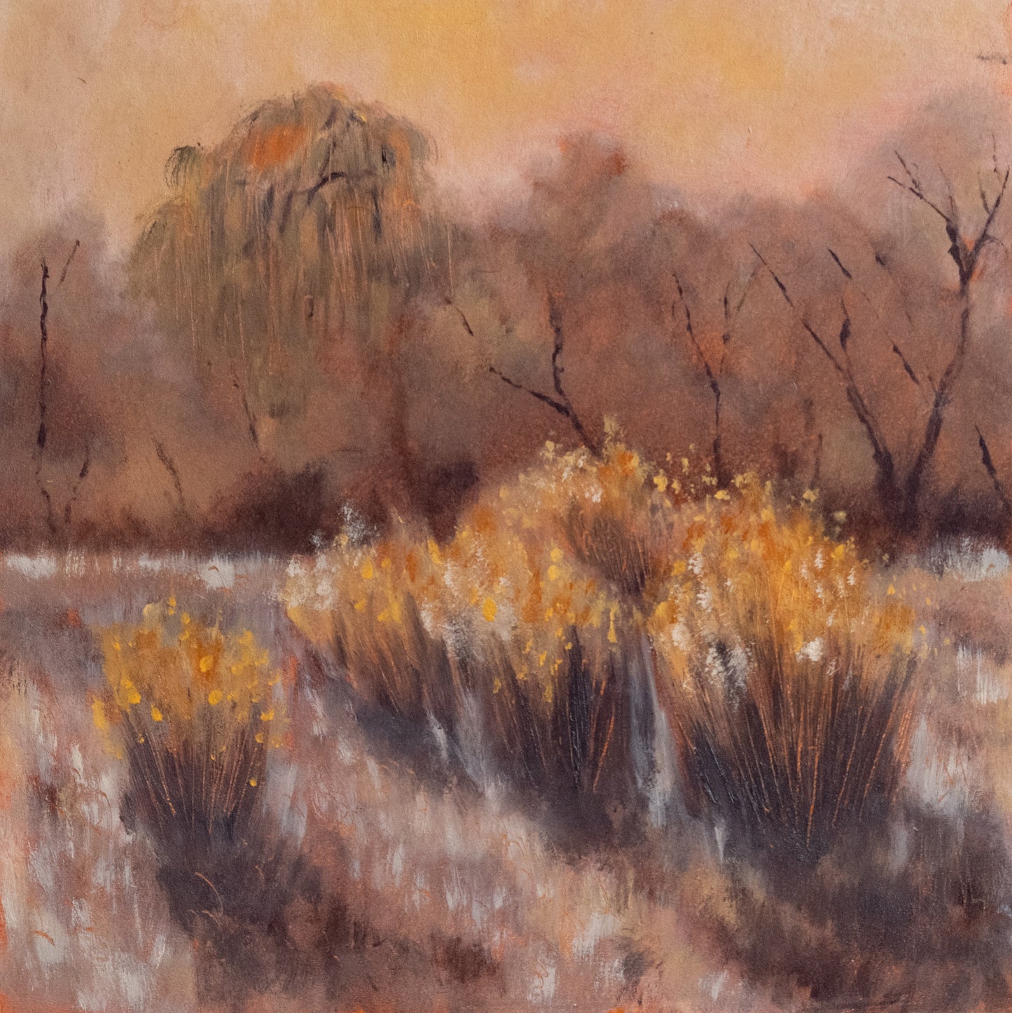 Artistic depiction of a landscape with trees and bushes in autumn colors.