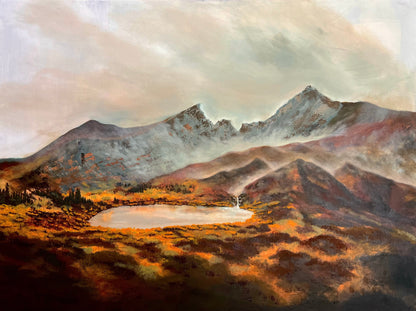 Moody Colorado Painting of a mountain landscape with a lake and trees.