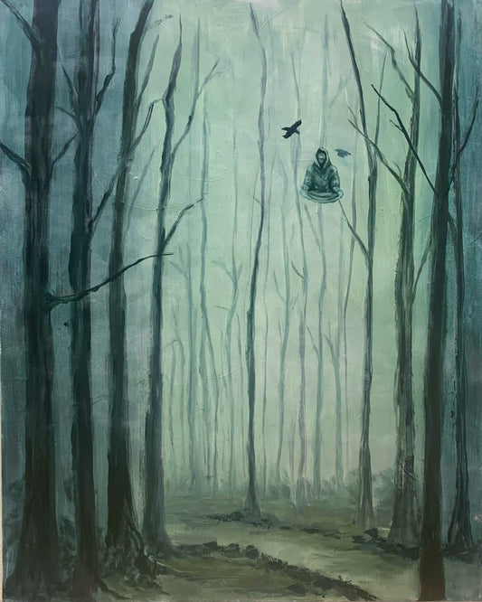 Oil Painting of Moody Creepy Forest and Meditating Man with Crows, monochrome blue-green